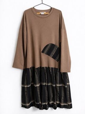 Fetish Brown Plaid Dress Korean Style Oversized Drop Waist Cozy Chic